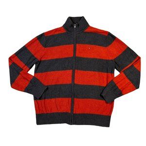 Tommy Hilfiger Sweater Men's Long Sleeve Striped Dual Zipper Gray Orange XL